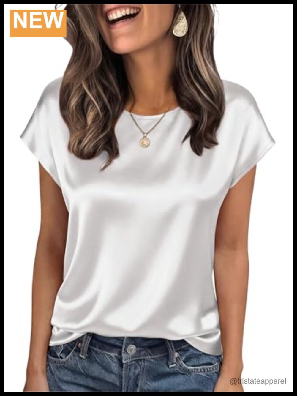Women Silky Satin Crew Neck Short Sleeve Blouse Business Casual Top